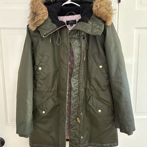 J. Crew Dark Green Utility Jacket with Faux Fur Hood